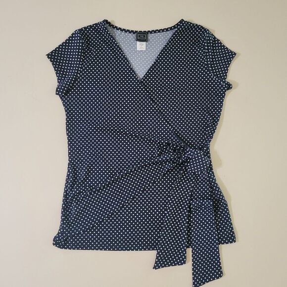 THX Women's Dark Navy Polka Dot Crossover Cap Sleeve Top - Picture 1 of 11